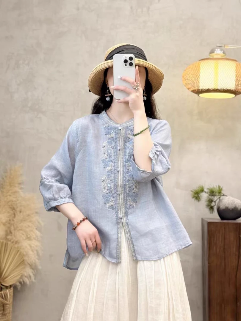 【彩云829】【100苎麻】夏季苎麻休闲纯欲慵懒风纯色独特漂亮小衫衬衫