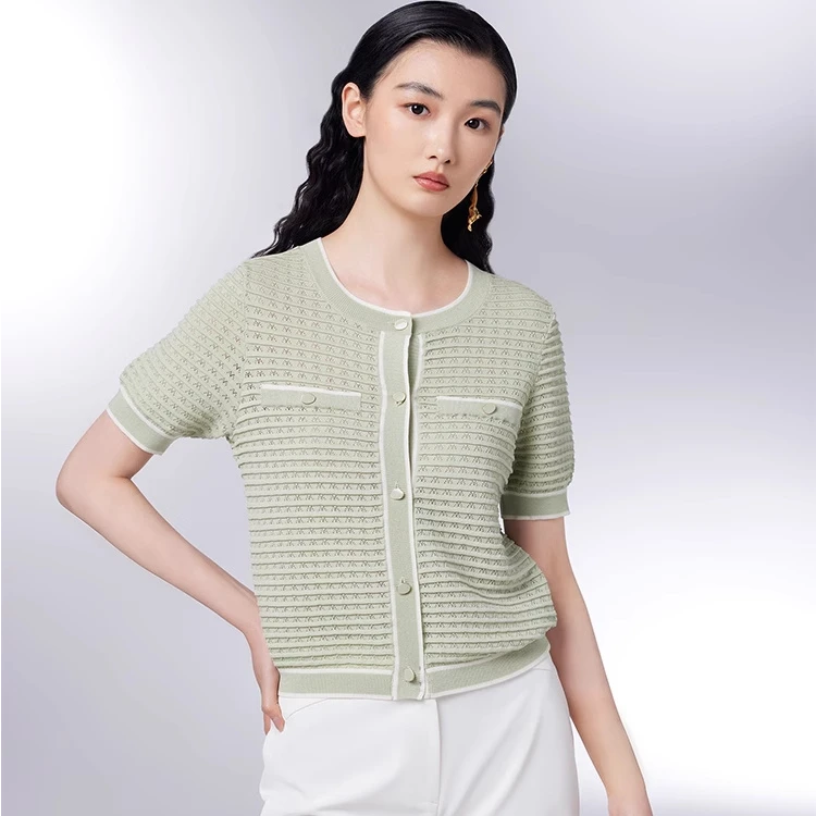 MEDECOO/墨蒂珂夏圆领镂空针织衫短袖T恤衫MIX40208