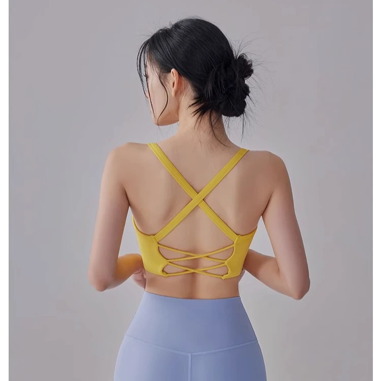 薄款交叉美背运动内衣细带纯色固定杯瑜伽背心可外穿夏健身背心