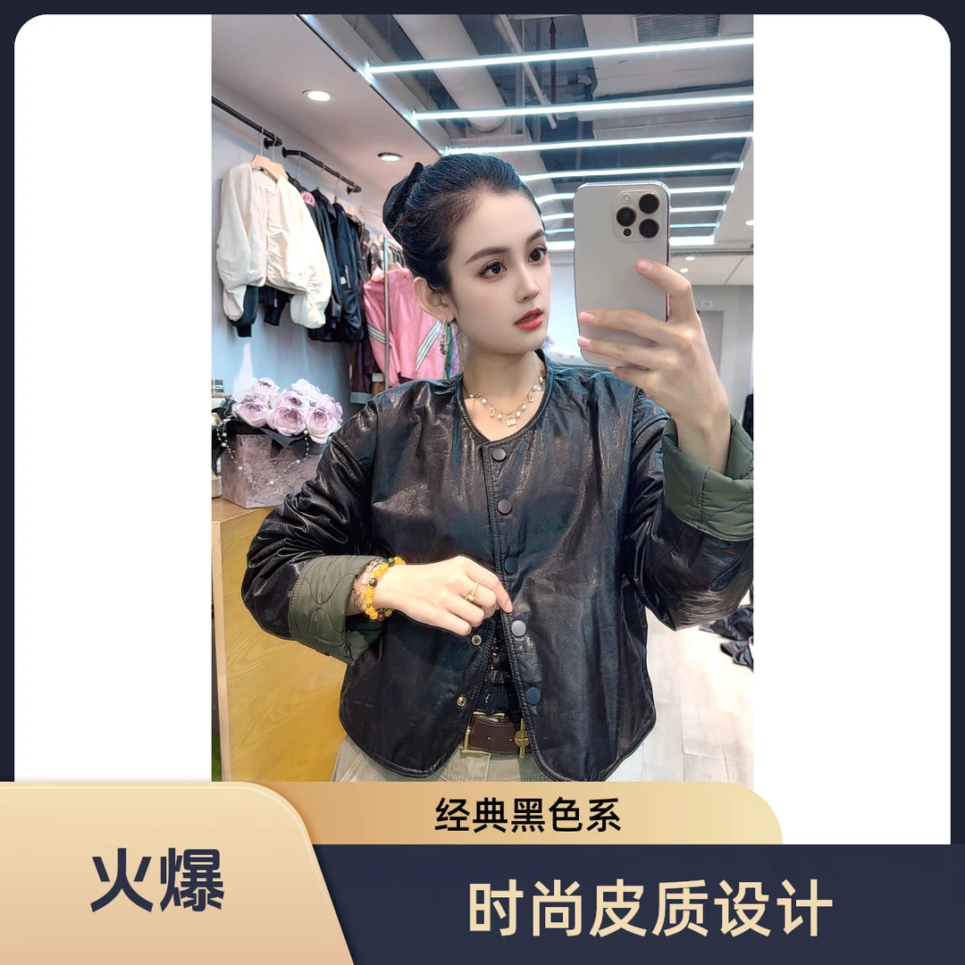 短款欣迹58326绿面黑油蜡牛皮两面穿冬款时尚设计