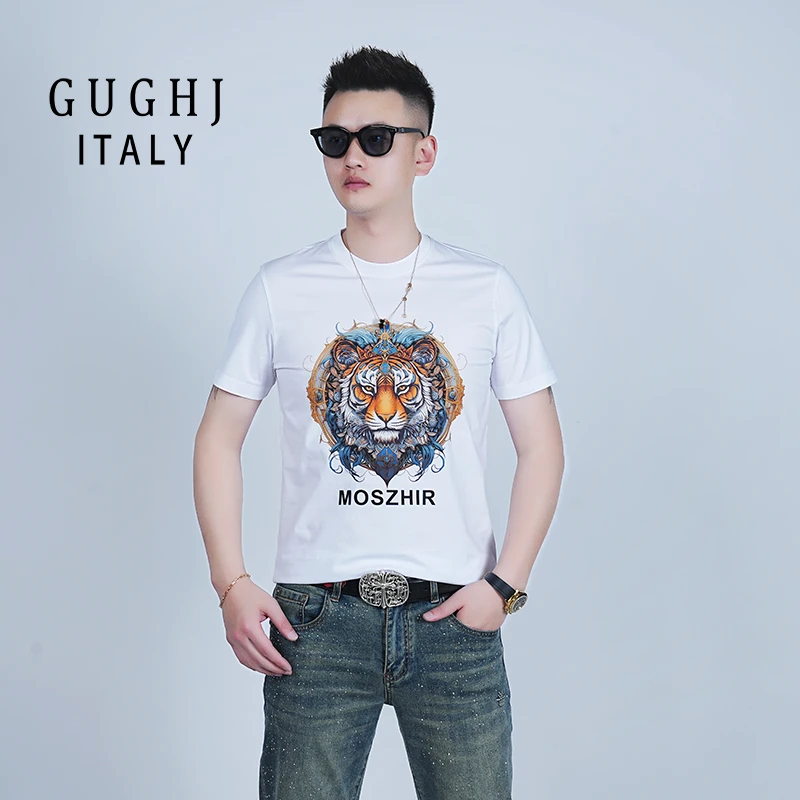 2025夏季男士潮牌虎头印花短袖时尚潮流修身百搭透气圆领半袖T恤