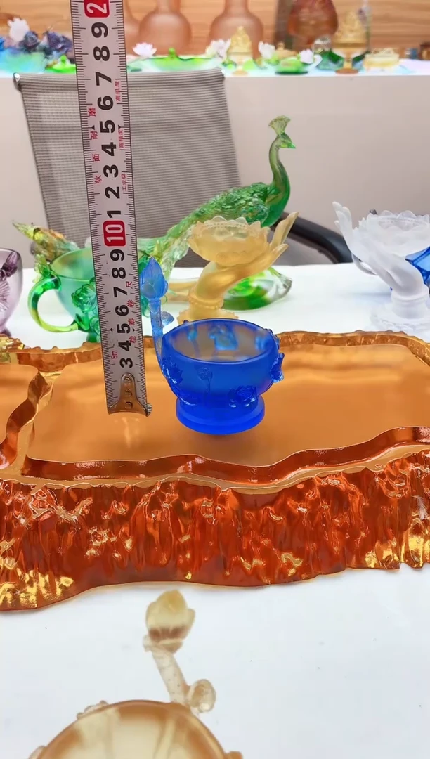 手工艺品琉璃蓝色荷花供水杯烛台9公分
