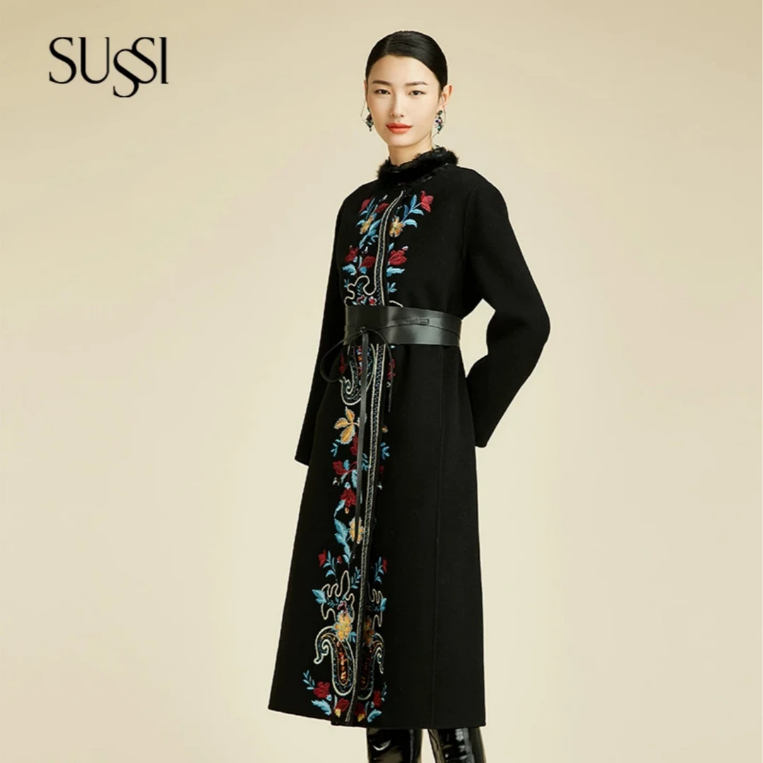 SUSSI/古色冬季新品商场同款黑色双面呢刺绣开襟系带长大衣外套