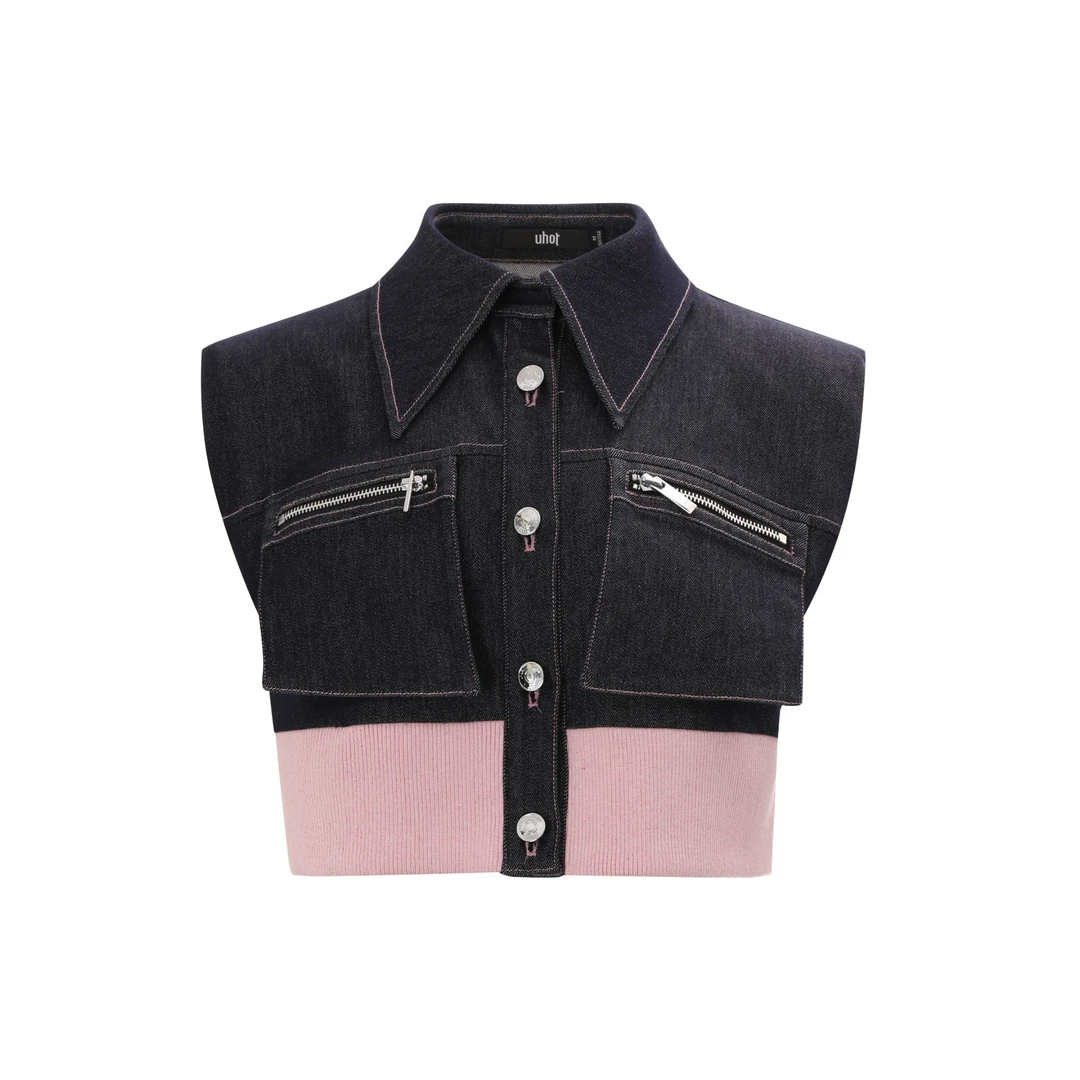 uhot  蓝色复古个性修身针织牛仔拼接马夹休闲百搭女装 UWFR3W125