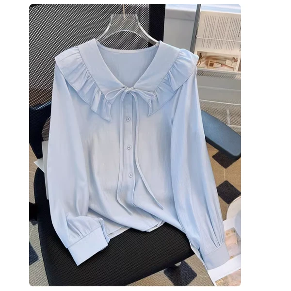 荷叶边娃娃领蓝色衬衫女春季款大码胖mm减龄小衫显瘦遮肚雪纺上衣