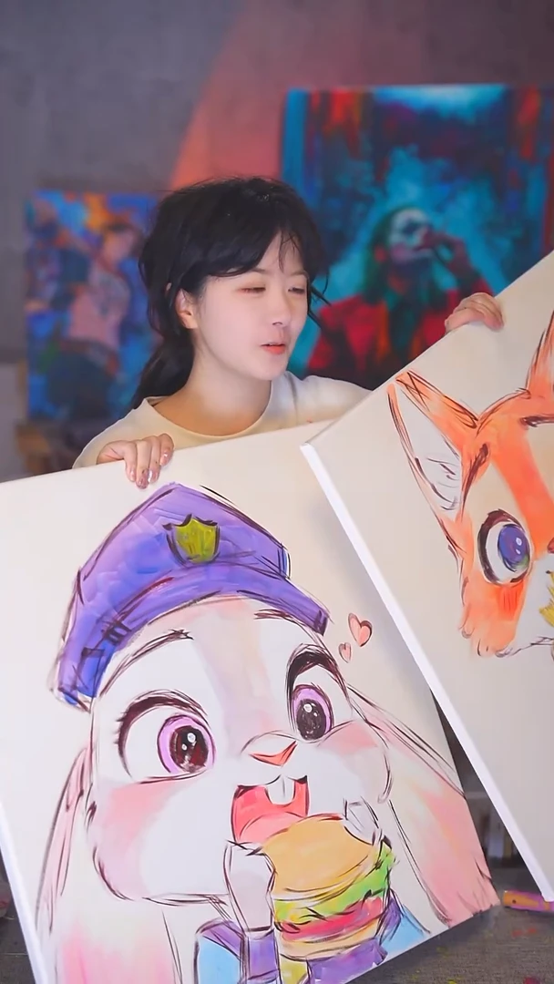 油画巨***霸尼克狐兔朱迪连副丙烯画纯手绘