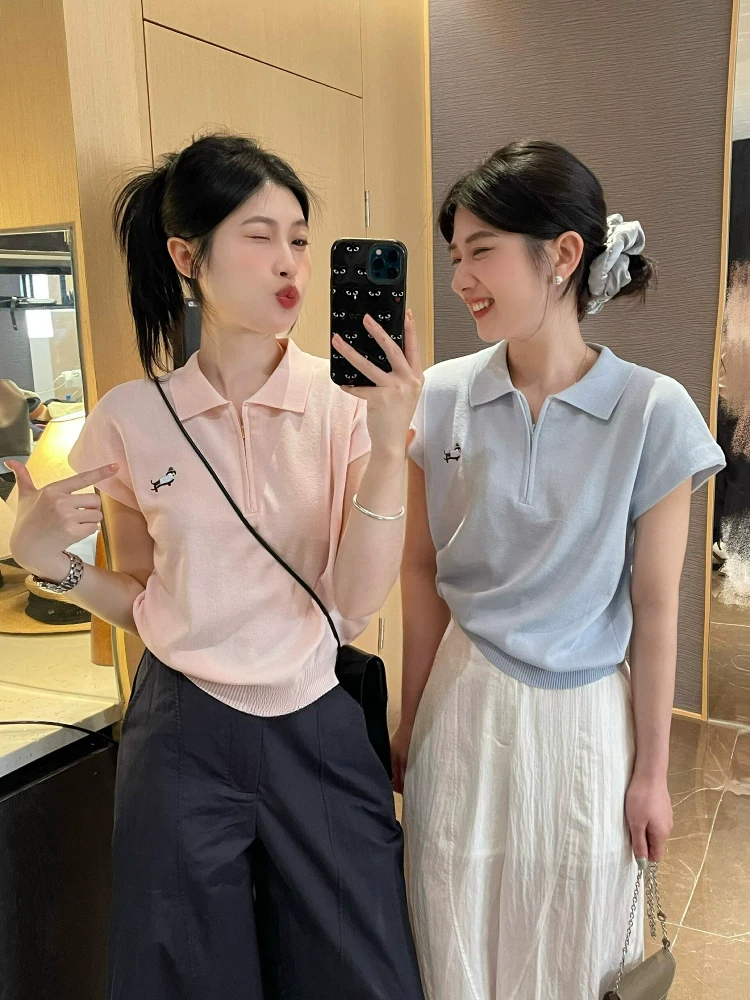 新款Polo领小飞飞袖冰丝针织短款上衣女夏季独特漂亮正肩短袖t恤