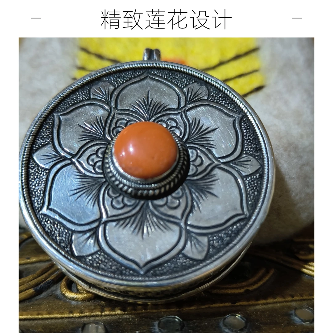 吊坠足银 蒙古元素 手工制作 雕刻莲花 复古纯手工民族风镶嵌做旧