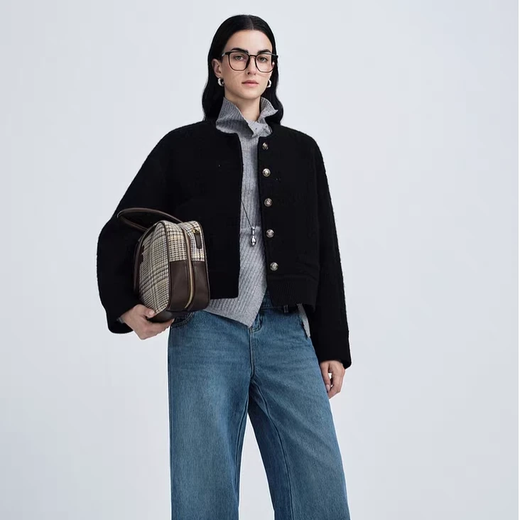 秋新款美丽诺羊毛圆领小箱型短款毛呢外套女XWKIW1203