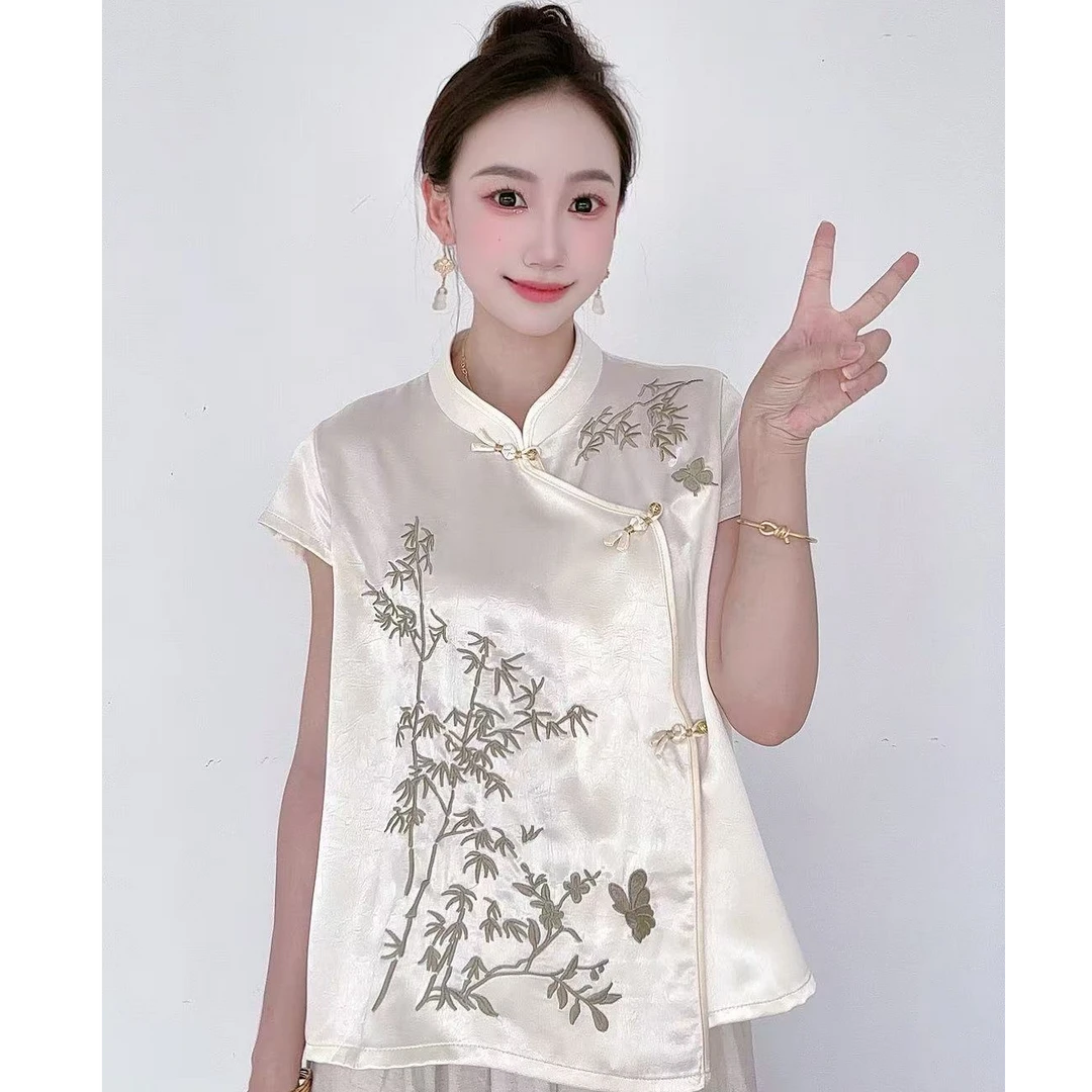【竹影】2025年新中式刺绣薄款短款气质中国风短袖新中式小衫
