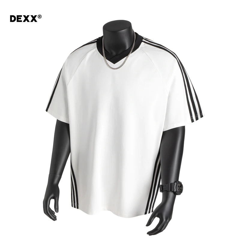 设计感v领短袖拼接男士休闲条纹多巴胺百搭青春活力运动半袖体恤t