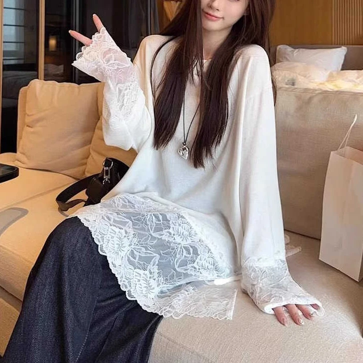 白色T恤女长袖中长款韩版宽松显瘦外穿上衣百搭拼接蕾丝