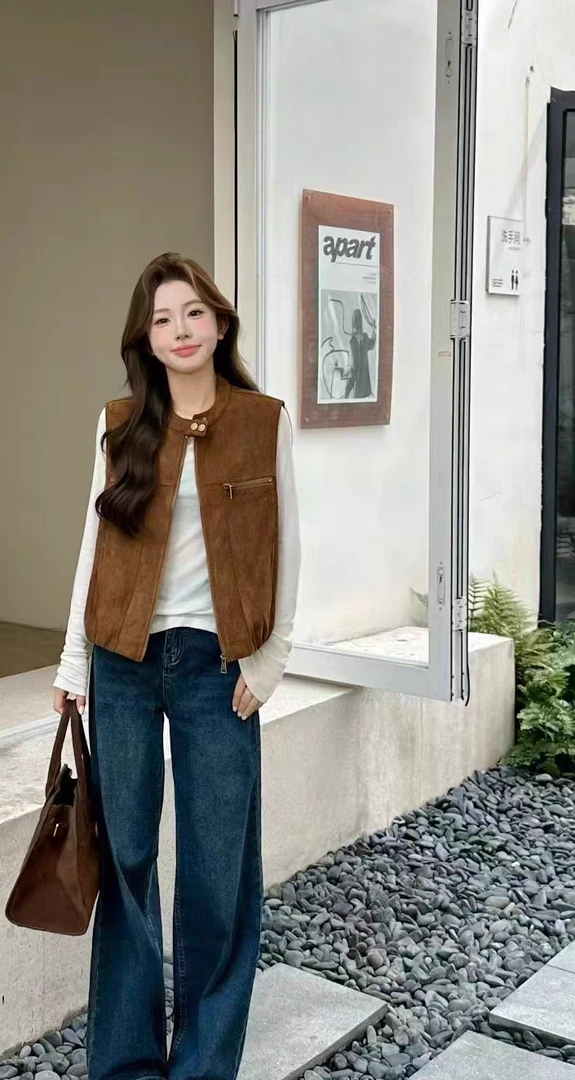 鹿皮绒修身型秋季马甲圆领透气染色马夹极简风