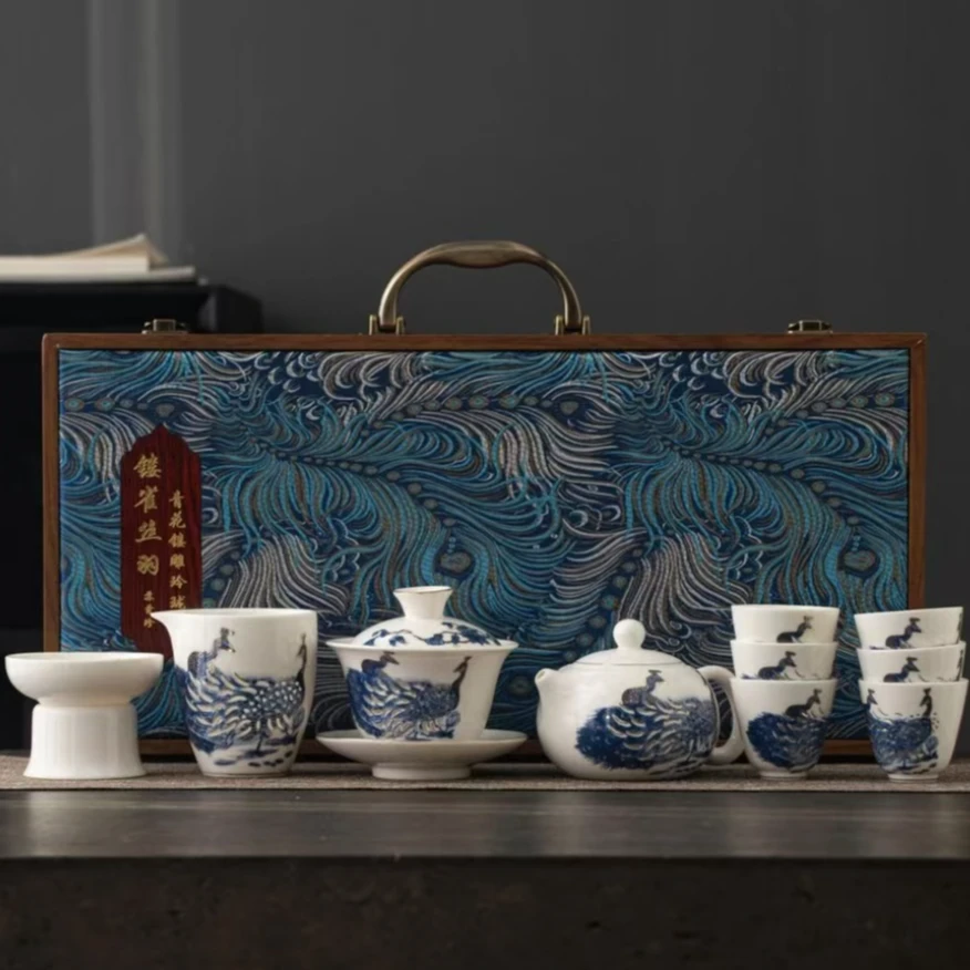 羊脂玉瓷创意镂空孔雀凤鸣茶壶悬停茶盖碗精美茶具伴手礼FC735