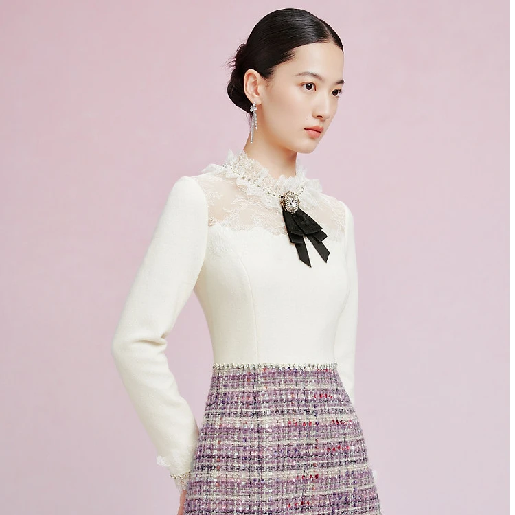 【晨粉专享价】优雅通勤精致拼接蕾丝小香风连衣裙女