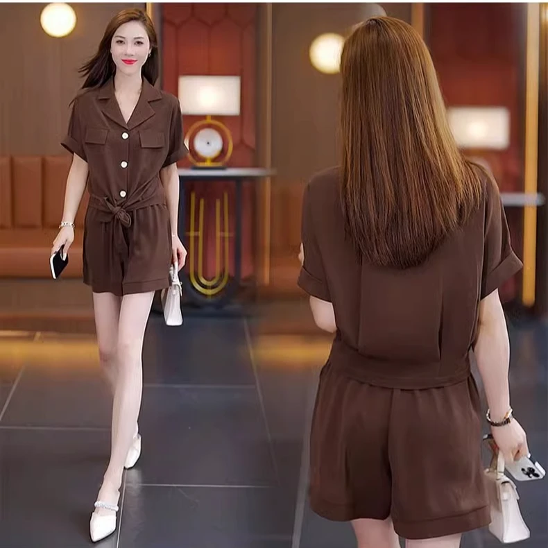 宽松休闲短袖雪纺衬衣阔腿短裤两件套女夏季新款遮肉显瘦时尚套装