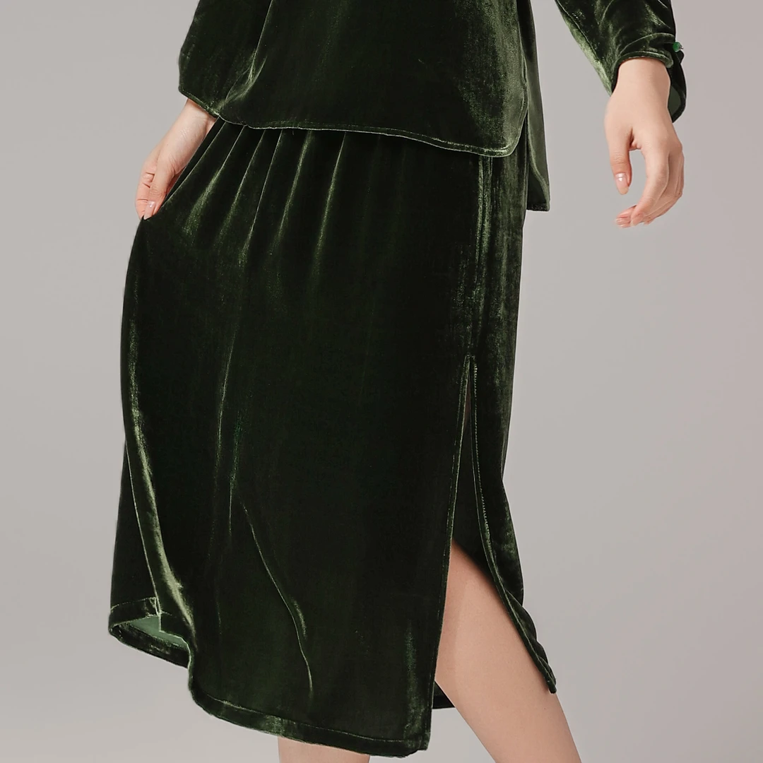 丝绒直筒半裙桑蚕丝休闲高腰气质显瘦纯色绿色LW     1387