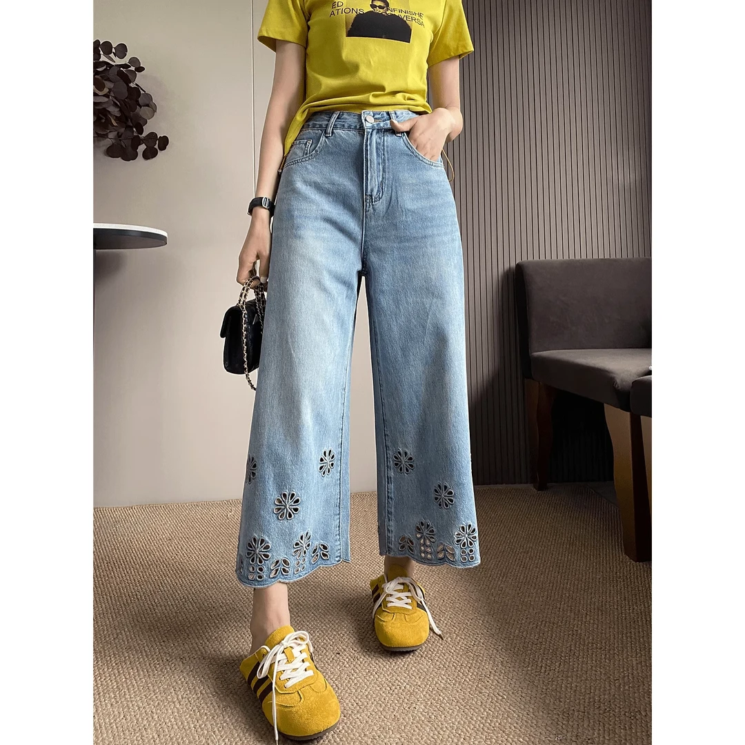 镂空钩花设计感阔腿牛仔裤女2025夏季新款胖mm高腰宽松直筒九分裤