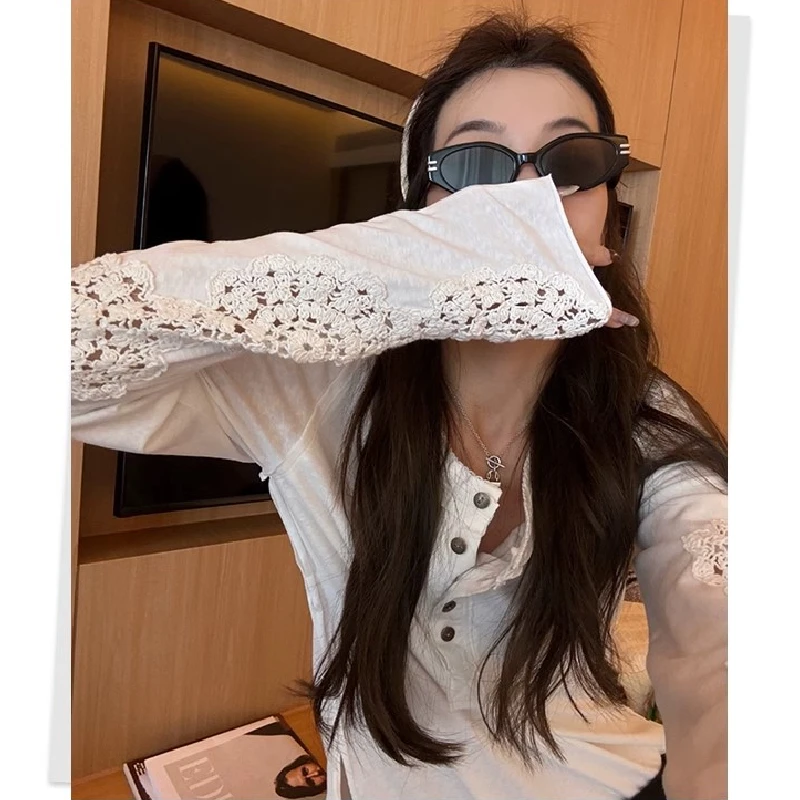 云端浮岛 刺绣镂空上衣春季慵懒气质罩衫长袖白t恤女