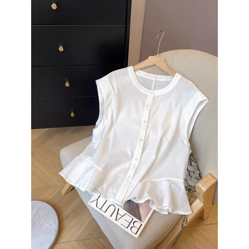 韩系小众荷叶边拼接无袖衬衫女2025年夏季新款设计感时尚圆领小衫
