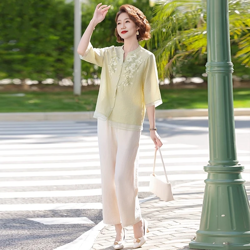 高贵妈妈夏装套装2025新款印花上衣小衫中老年女装夏季两件套