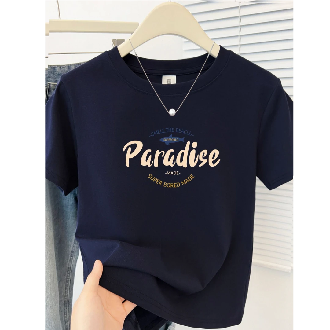 简约字母印花2025夏季新款正肩短袖T恤设计感韩系百搭圆领上衣ins