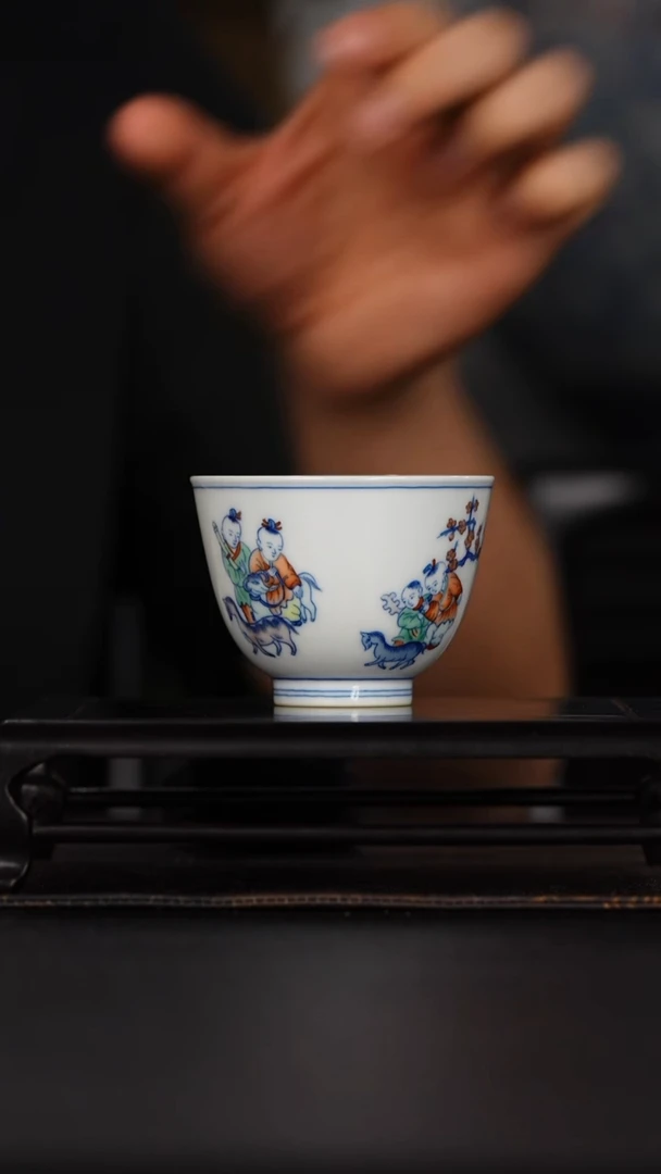 涂杏花斗彩七子纳福杯@@txh350