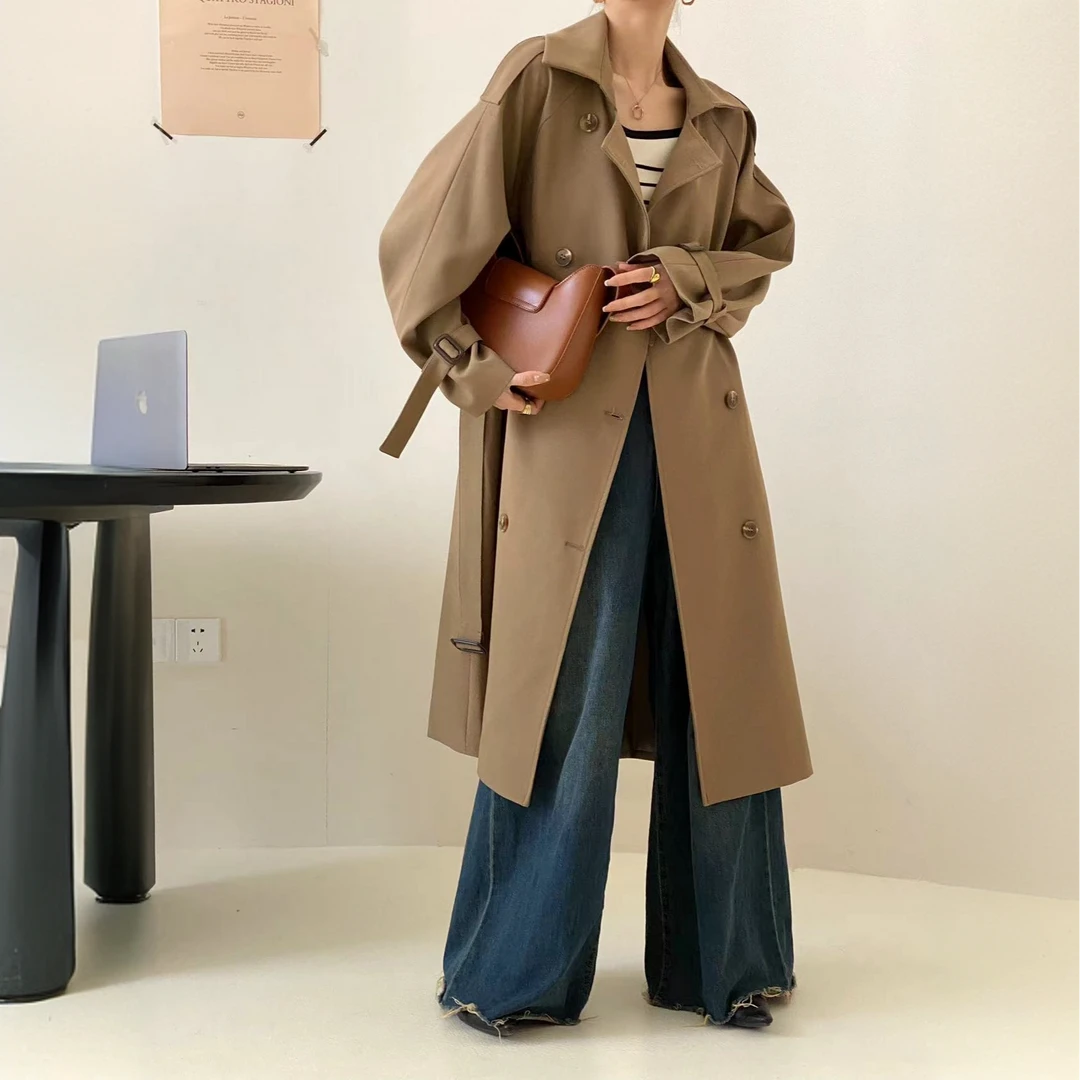 【6008款】2025春季新款复古经典双排扣风衣女系带廓形外套中长款潮
