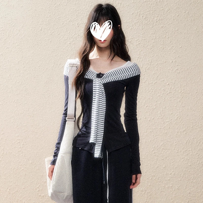 2025秋季假两件拼接条纹绑带长袖t恤修身显瘦辣妹小众上衣潮