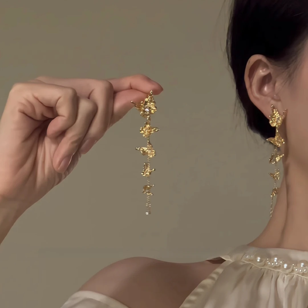 铜合金耳饰 「流金蝶恋」金色蝴蝶耳环爆款高级感轻奢流苏独特耳饰