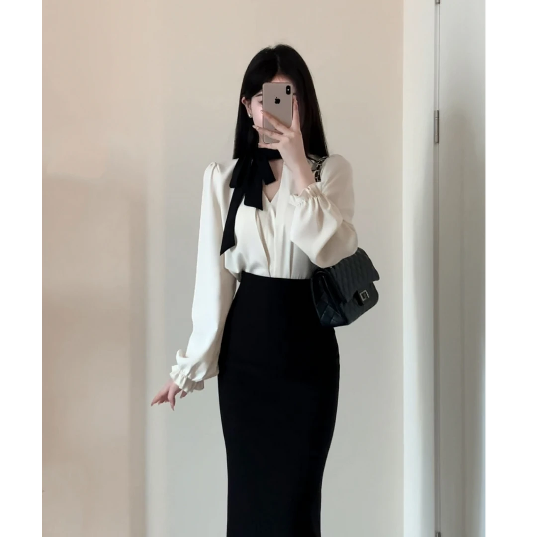 【不见兰序】春夏新款气质轻熟风名媛飘带围脖显瘦衬衫XY-099