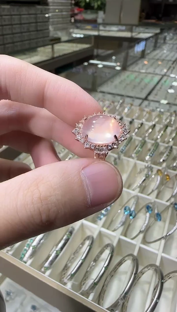 银S925镶嵌戒指芙蓉石11*13mm星光粉水晶