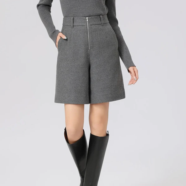 【商场同款】毛呢五分裤冬款百搭显瘦高腰拉链直筒休闲短裤510013