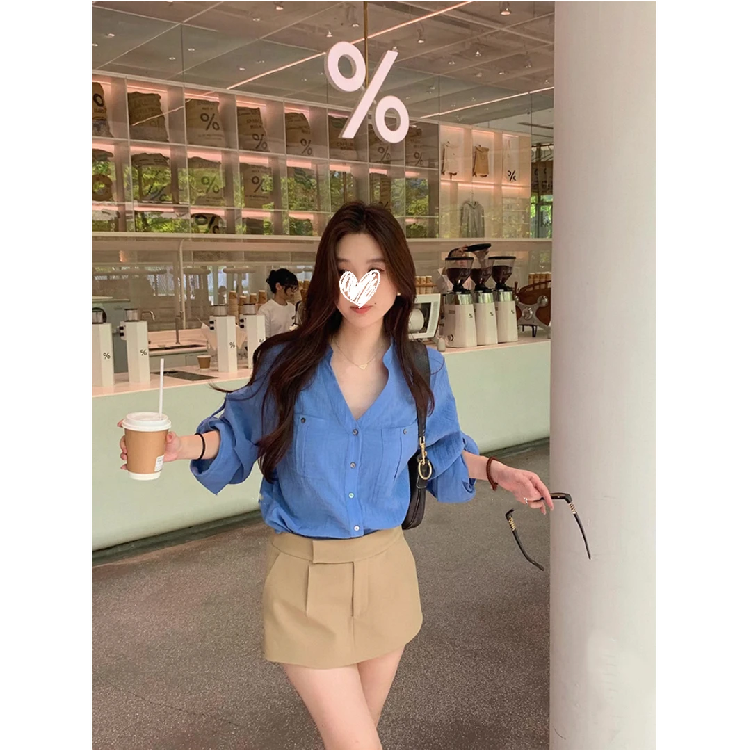 老钱风立领衬衫女夏季宽松气质薄款上衣+百搭高腰裙裤两件套