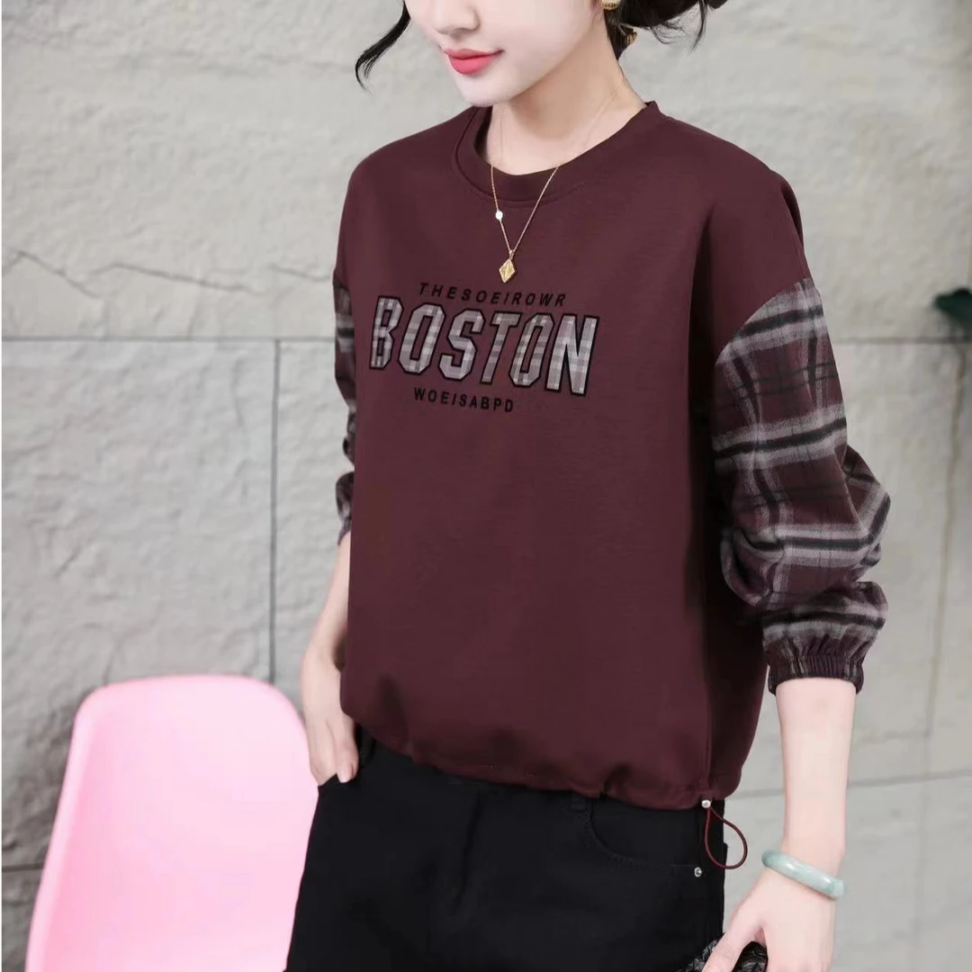 【春季新款】韩版圆领格子拼接撞色休闲百搭时尚卫衣BQ5000衣长55