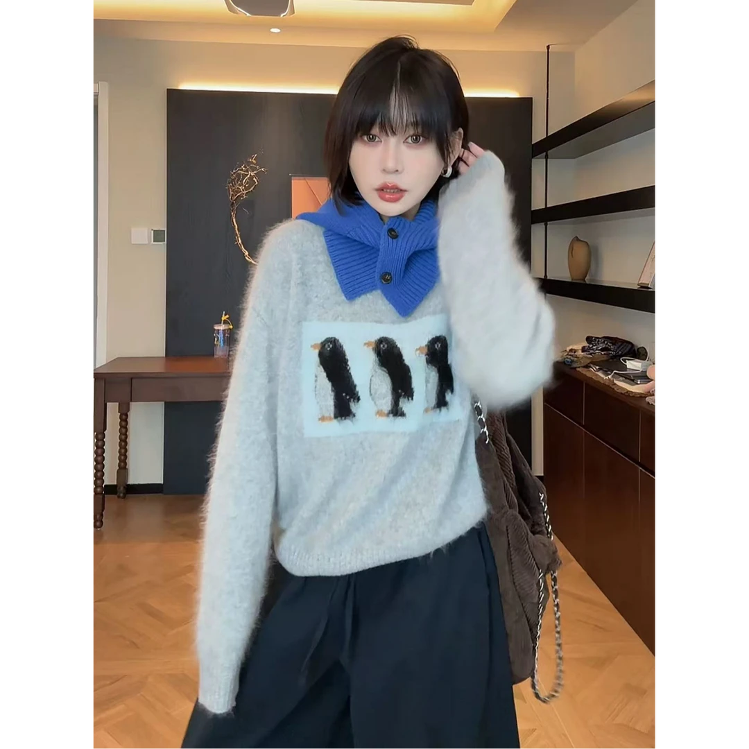 6035【千炫女装】企鹅很忙~新款设计气质纯色时尚百搭圆领拉绒上衣