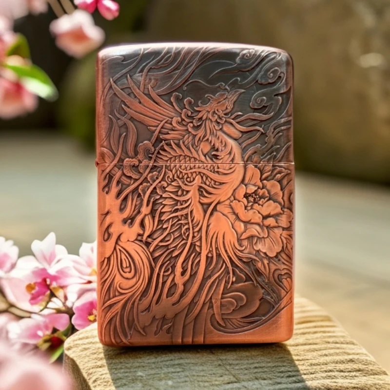 ZIPPO手雕立体复古金色打火机纯紫铜套壳凤凰浴火重生DYJ1