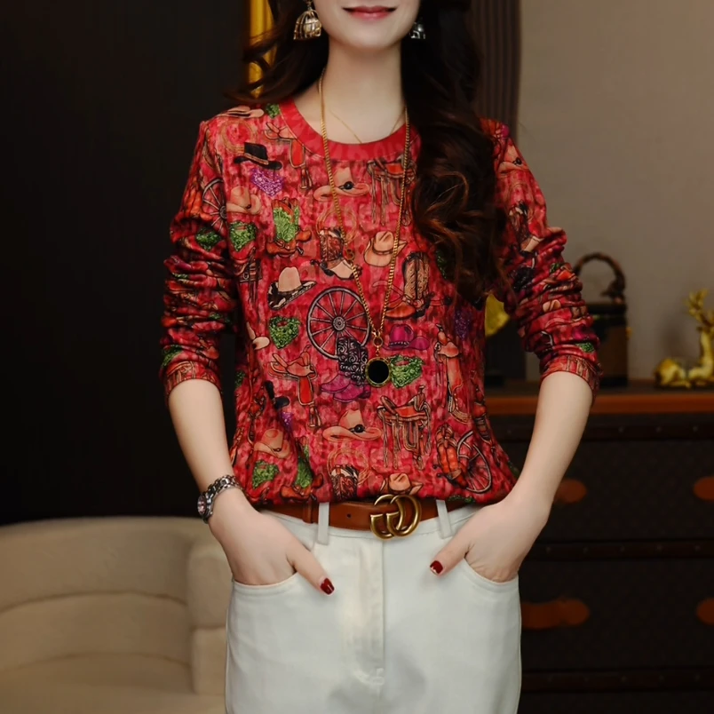 【艳时尚】古色古香澳绒加厚秋冬宽松百搭常规袖打底衫24121903