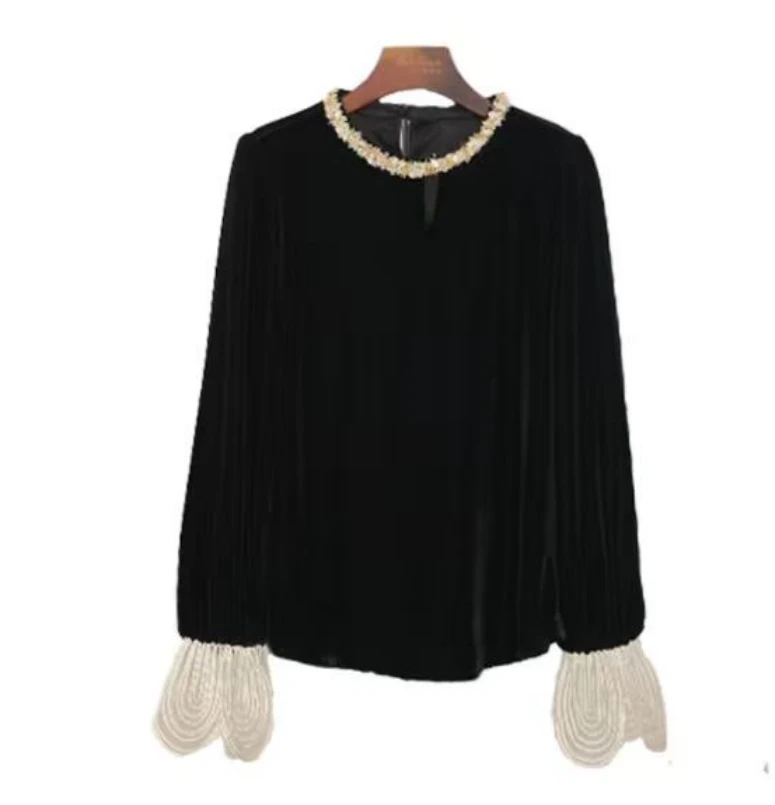 A3131长袖秋冬v领内搭蕾丝打底衫短款衬衫显瘦圆领金丝