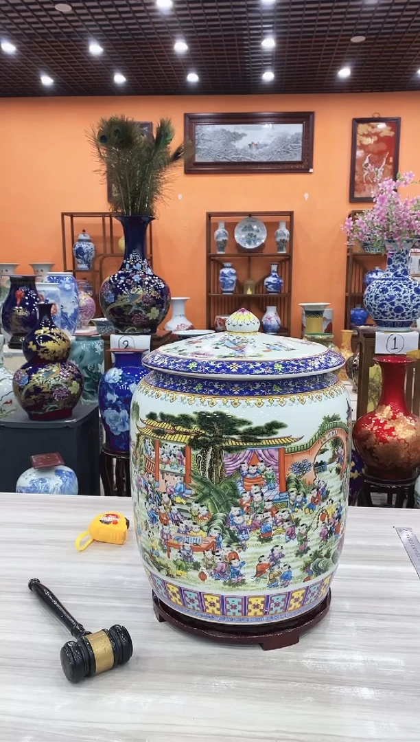 摆件陶瓷百子图米缸高36公分+证书