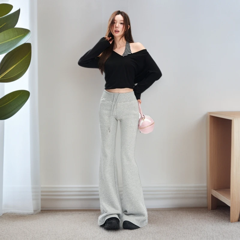 灰色微喇叭休闲裤女2025年秋季新款高腰显瘦收腰抽绳百搭运动裤子