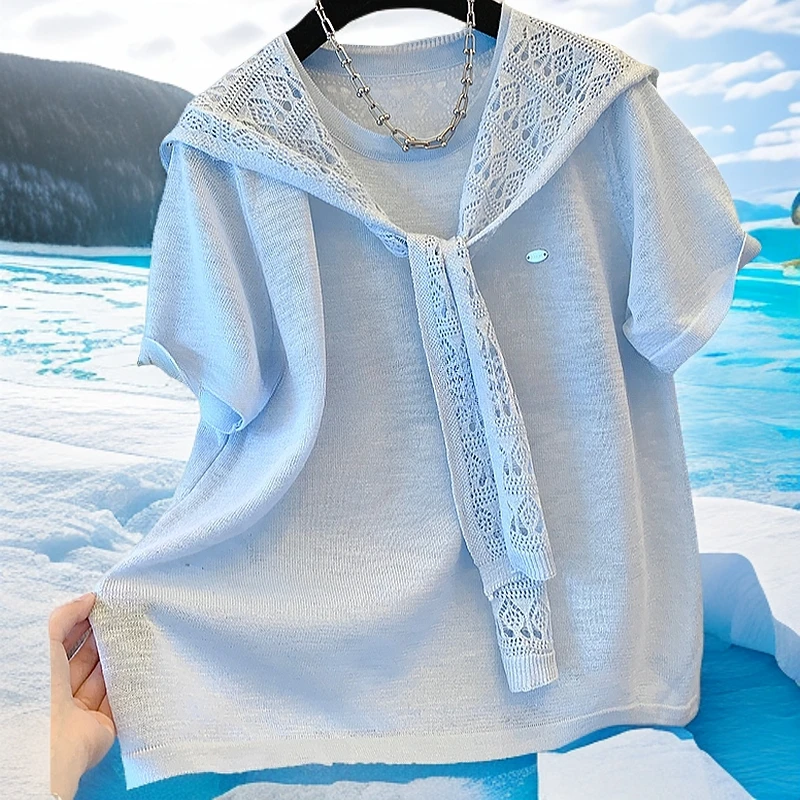 极简风夏季短袖女纯色钩花蕾丝披肩冰丝针织衫短袖上衣两件套女