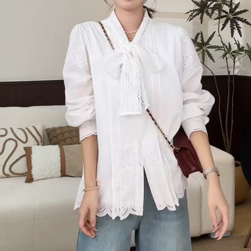 【冬野花集】法式蕾丝花边飘带衬衫冬气质宽松显瘦上衣LK2509175
