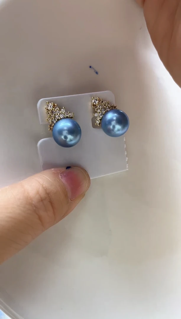 银S925镶嵌淡水珍珠耳钉11mm+  蓝雪冰雪女王耳钉