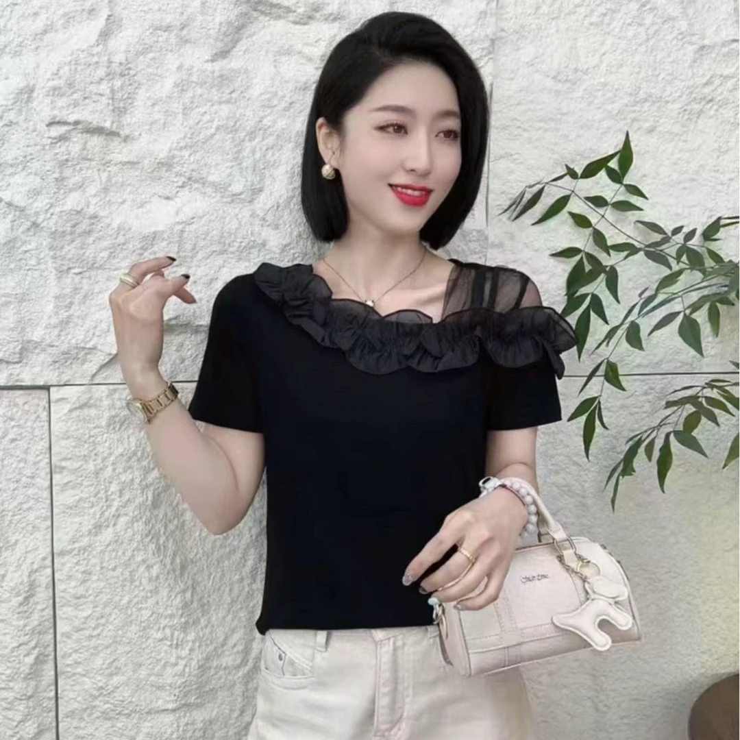 2025新款夏季斜领洋气百搭气质时尚减龄显瘦短袖小衫T恤上衣2526