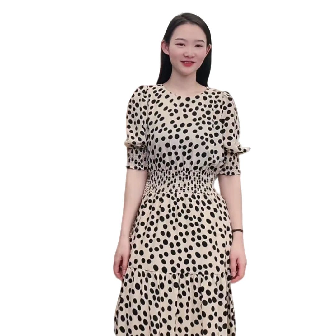 米白色波点收腰连衣裙显瘦气质时尚夏季法式小众宽松豹纹显瘦气质