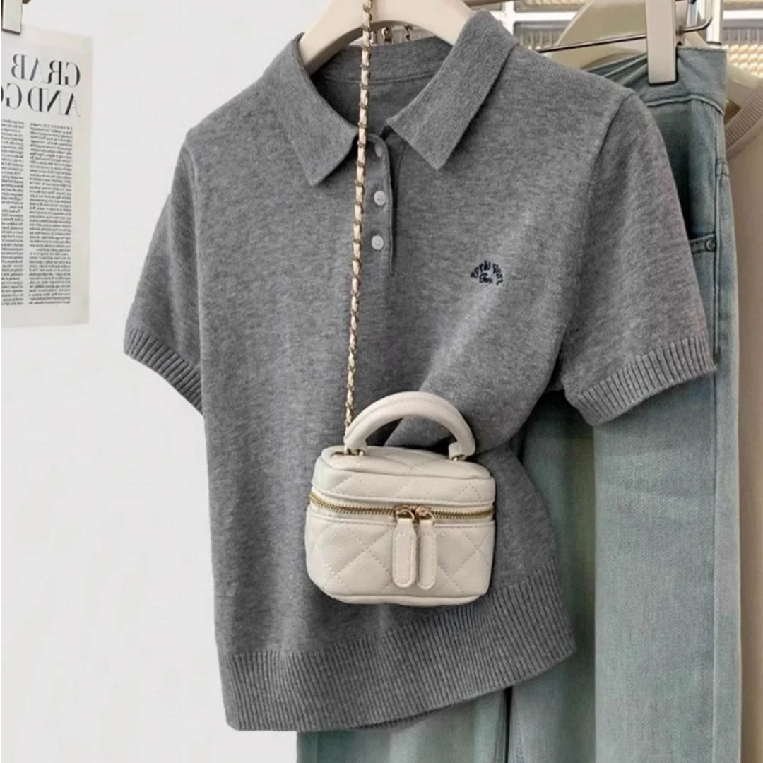 【80-180斤】Polo领刺绣冰丝短袖T恤女夏时尚百搭遮肚正肩针织上衣