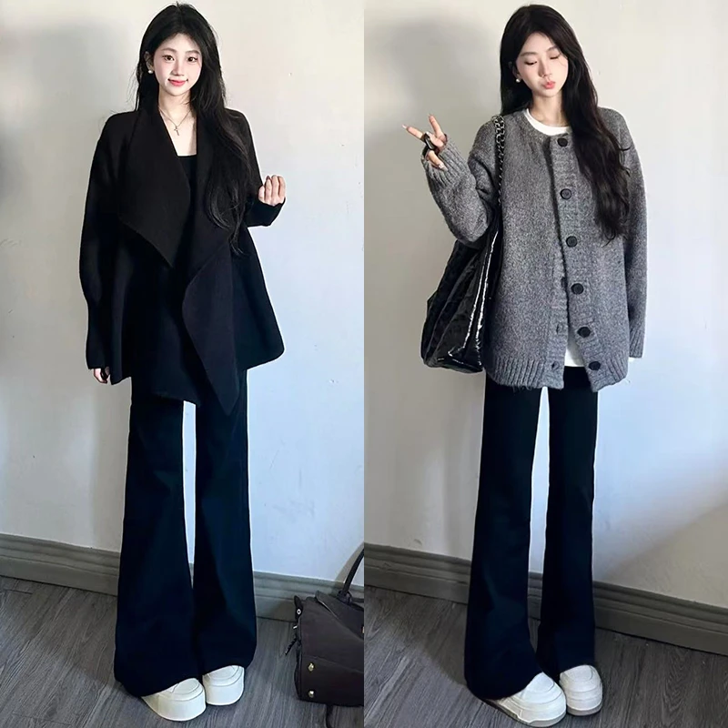 2025春款高腰喇叭裤口袋休闲裤小个子阔腿裤外穿时尚百搭显瘦韩版