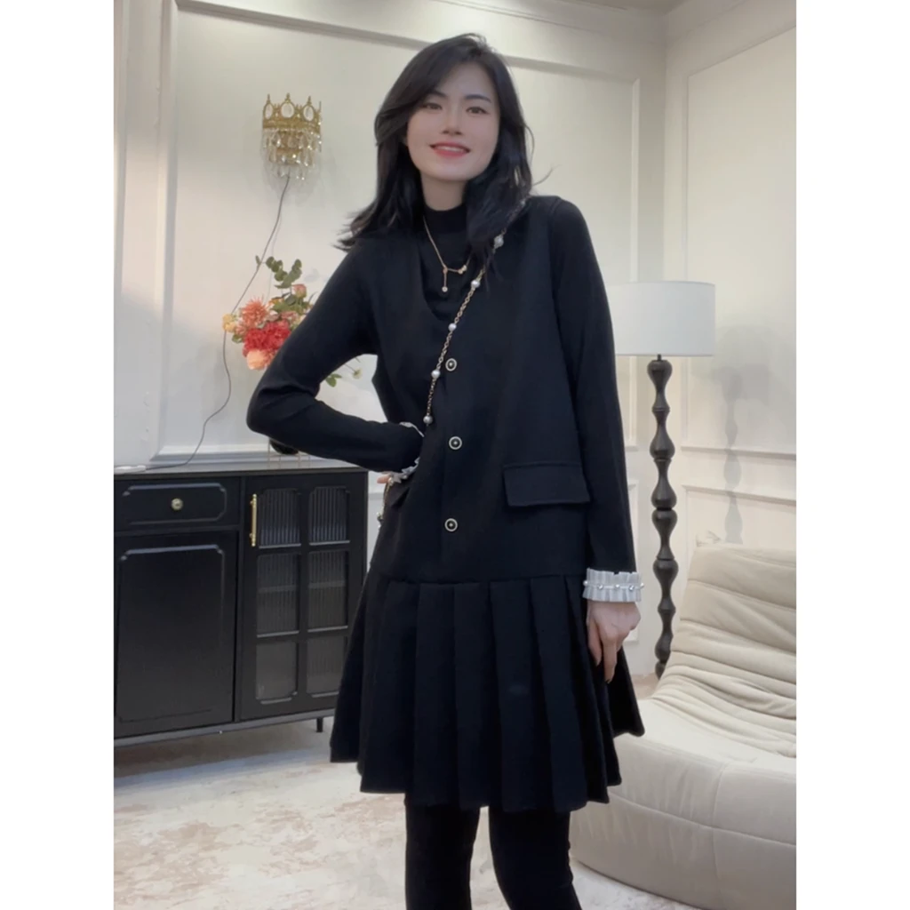 【伦敦记忆】秋冬厚款拼接百褶小香风背心裙高级感过年穿搭LY