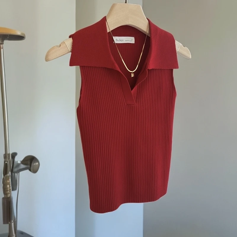 复古红色V领挖肩无袖夏季针织背心女百搭外穿辣妹性感坎肩t恤上衣